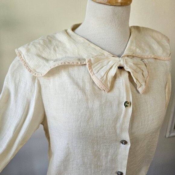 Vintage 90s Cullinane 100% Linen Sailor Collar Blouse Neck Bow Long Sleeve 6/S - Picture 3 of 9